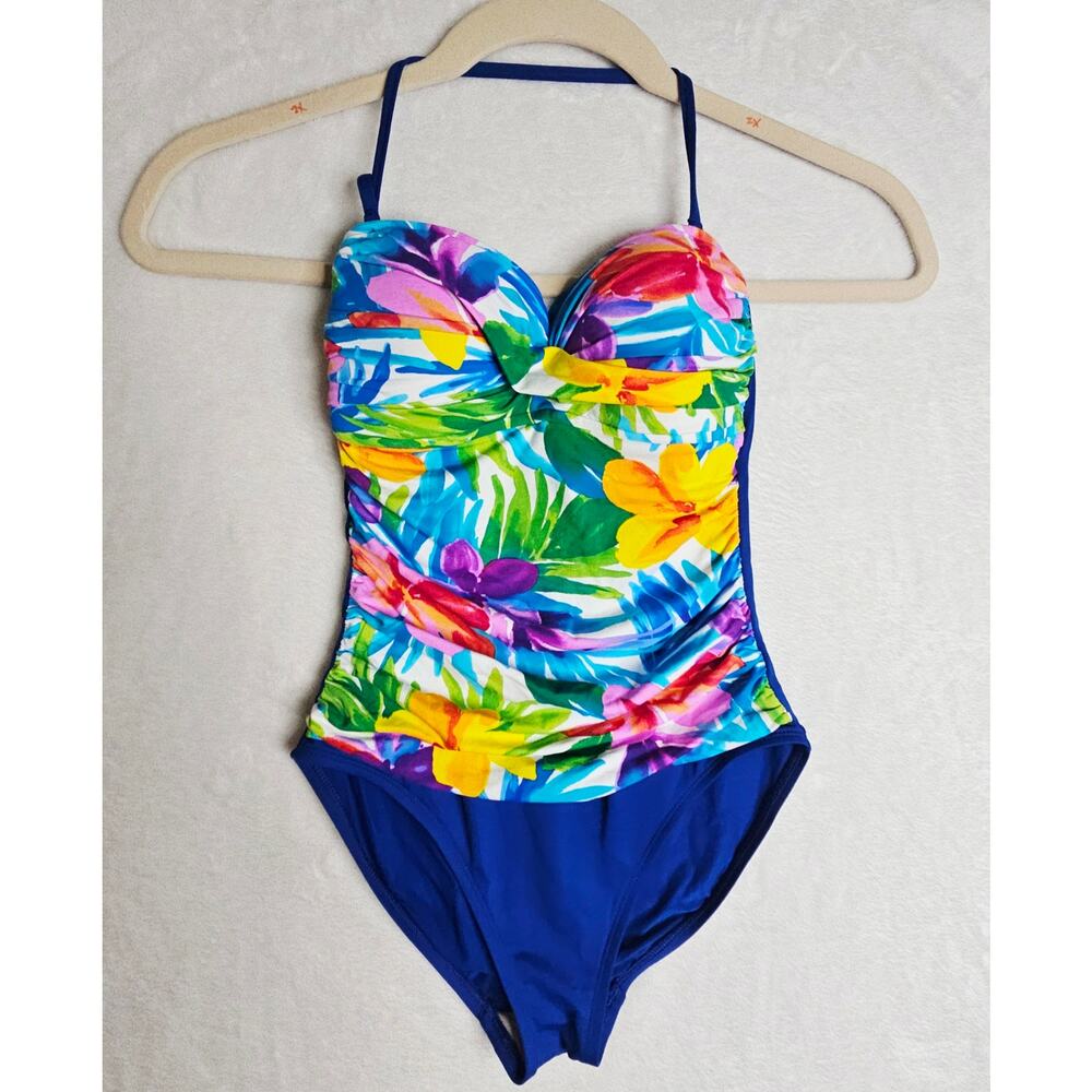 La Blanca Sz6‎ One Piece Blue n Bright Multi colored Swimsuit.  Designer Beach